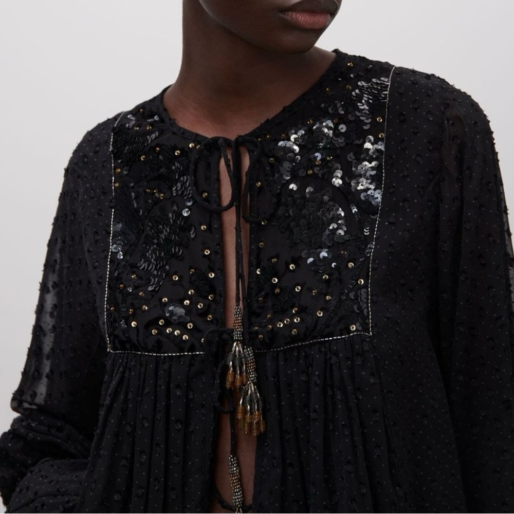 Zara Black Sequin Embellished Blouse - Picture 6 of 16